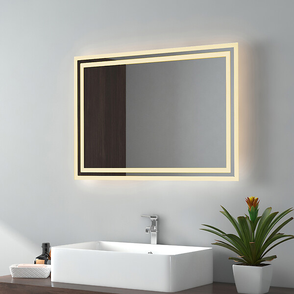 EMKE - EMKE Miroir lumineux salle de bain 70x50cm, Miroir LED avec Interrupteur à bouton, Anti-buée, Miroir avec éclairage lumière Blanche Froide/Chaude - large