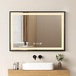 EMKE - EMKE Miroir lumineux salle de bain 70x50cm, cadre noir, Miroir LED avec Interrupteur Tactile, Anti-buée, Horloge et Température, Lumière Neutre - vignette