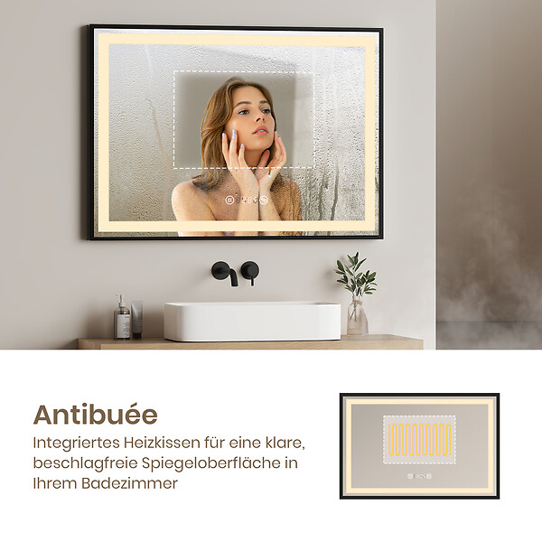 EMKE - EMKE Miroir lumineux salle de bain 70x50cm, cadre noir, Miroir LED avec Interrupteur Tactile, Anti-buée, Horloge et Température, Lumière Neutre - large