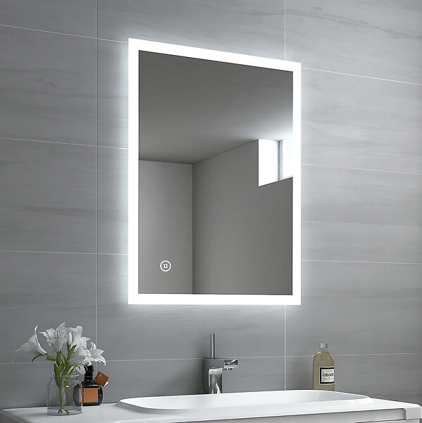 EMKE - EMKE Miroir lumineux salle de bain 80x60cm, Miroir avec l'éclairage, Interrupteur Tactile, Anti-buée, Miroir LED avec 3 couleurs de Lumières - large