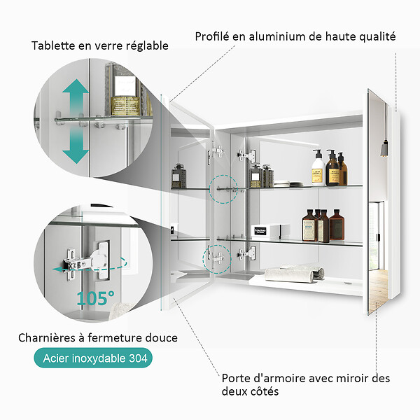 EMKE - EMKE Armoires de toilette 75x65cm Blanche Armoire Salle de Bain en Miroir Double Face - large