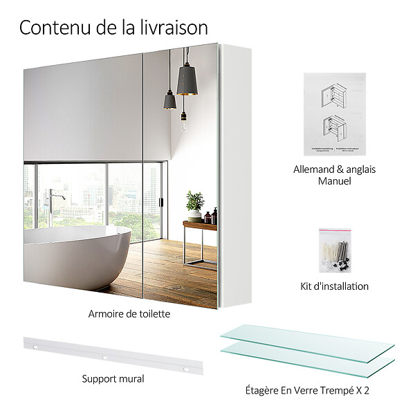 EMKE - EMKE Armoires de toilette 75x65cm Blanche Armoire Salle de Bain en Miroir Double Face - large