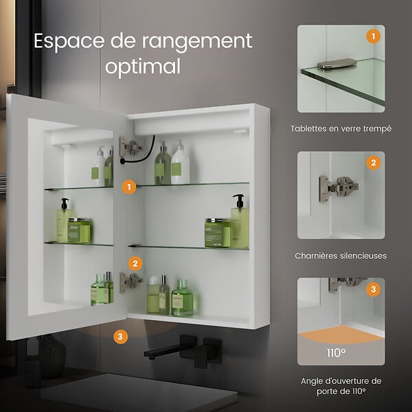 EMKE - EMKE Armoire de Toilette avec Éclairage 50x70cm, Armoire de Salle de Bains avec 3 Couleurs de Lumière, Réglable, Anti-Buée, Prise de Courant - large