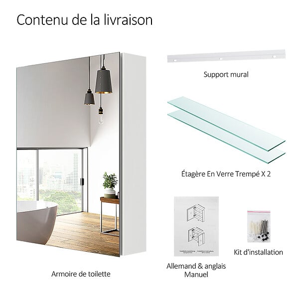 EMKE - EMKE Armoires de toilette 50x65cm Blanche Armoire Salle de Bain en Miroir Double Face - large