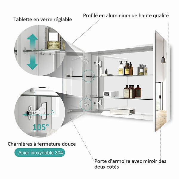 EMKE - EMKE Armoires de toilette 85x65cm Blanche Armoire Salle de Bain en Miroir Double Face - large