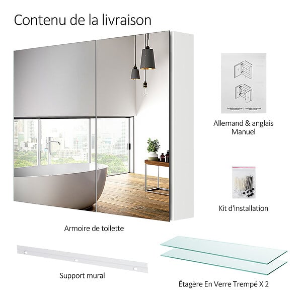 EMKE - EMKE Armoires de toilette 85x65cm Blanche Armoire Salle de Bain en Miroir Double Face - large