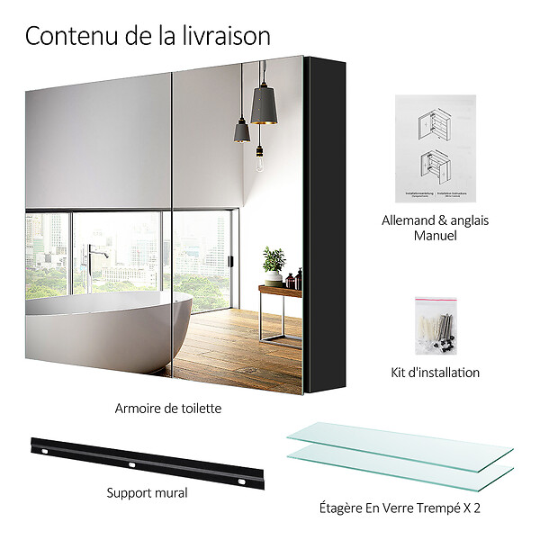 EMKE - EMKE Armoires de toilette 85x65cm Noir Armoire Salle de Bain en Miroir Double Face - large