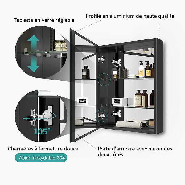 EMKE - EMKE Armoires de toilette 50x65cm Noir Armoire Salle de Bain en Miroir Double Face - large