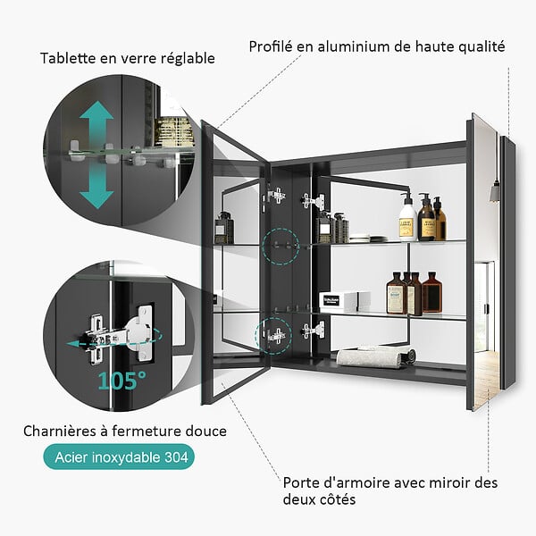 EMKE - EMKE Armoires de toilette 75x65cm Noir Armoire Salle de Bain en Miroir Double Face - large