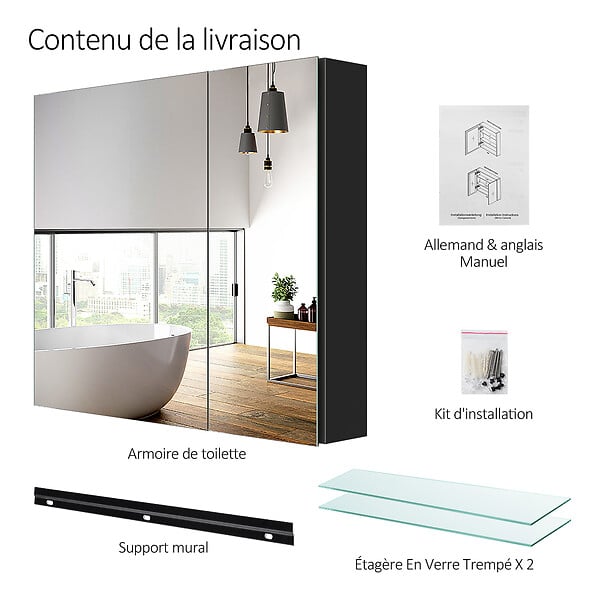 EMKE - EMKE Armoires de toilette 75x65cm Noir Armoire Salle de Bain en Miroir Double Face - large