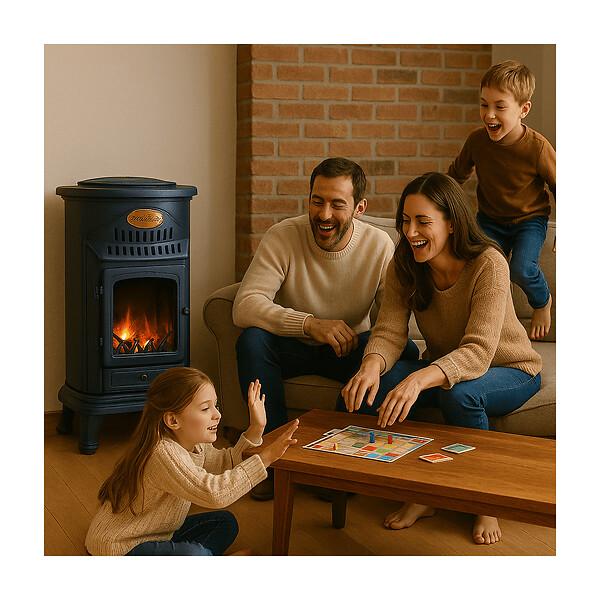 SAHARA - Poêle à gaz 3,4KW Fonte Véritable – Chauffage d'appoint Design Bleu Saphir Mat - Effet feu de bois, sur roues Provence Sahara - large