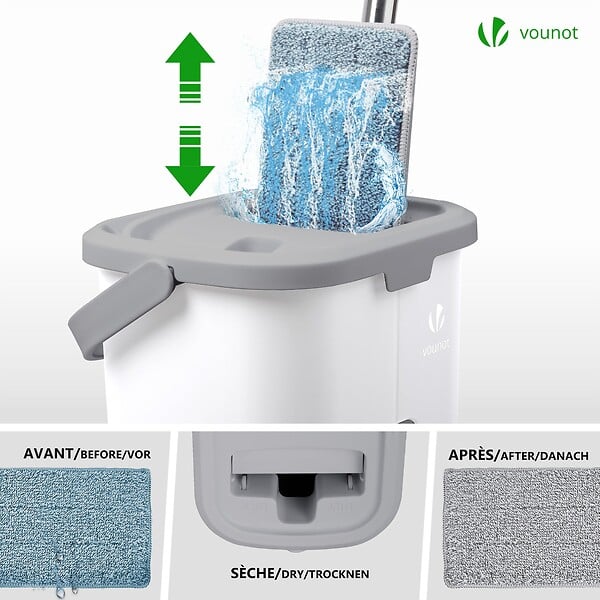VOUNOT - Balai microfibre et Seau Essoreur avec 6 serpillères Réutilisables Balai Plat Double compartiment blanc - large