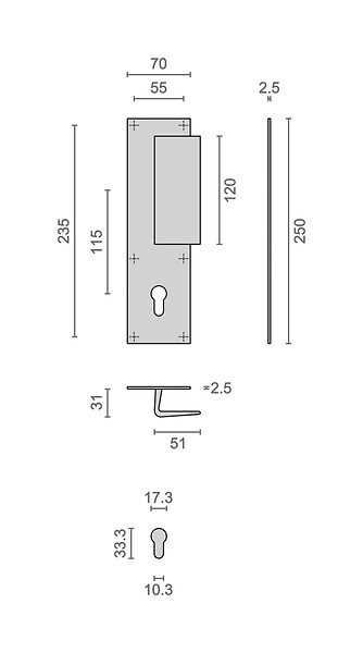 HERACLES - Poignée palière aluminium type Bastille 70x250mm argent clé I - HERACLES - I-231103CLEI - large