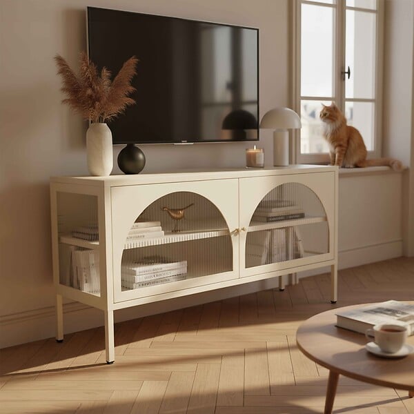 OVIALA - Meuble TV moderne 2 portes L115 cm en métal écru - Dreamy - large