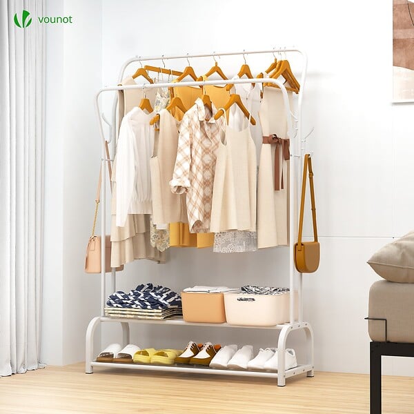 VOUNOT - Portant a vetement double avec 2 niveaux etageres chaussures 4 Crochets Lateraux 110x35x146cm metal Blanc - large