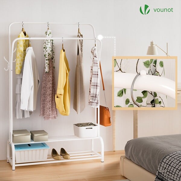 VOUNOT - Portant a vetement double avec 2 niveaux etageres chaussures 4 Crochets Lateraux 110x35x146cm metal Blanc - large