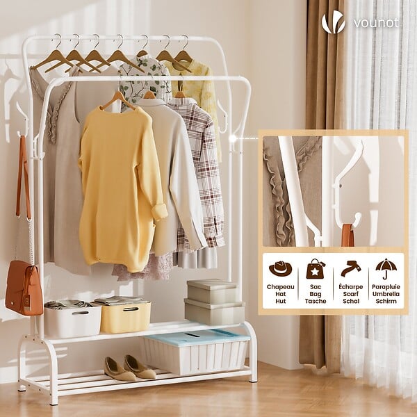 VOUNOT - Portant a vetement double avec 2 niveaux etageres chaussures 4 Crochets Lateraux 110x35x146cm metal Blanc - large