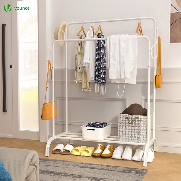 VOUNOT - Portant a vetement double avec 2 niveaux etageres chaussures 4 Crochets Lateraux 110x35x146cm metal Blanc - large