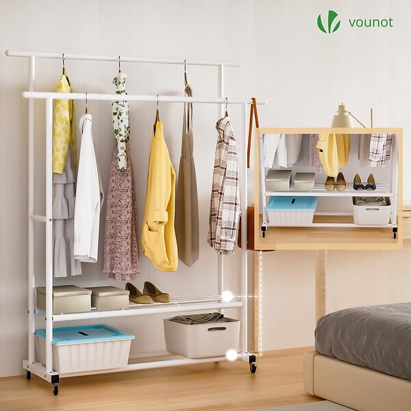 VOUNOT - Portant a Vetements double avec roulettes et 2 etageres de rangement 120x40x146cm metal Blanc - large