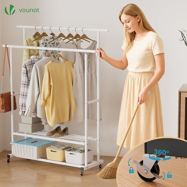 VOUNOT - Portant a Vetements double avec roulettes et 2 etageres de rangement 120x40x146cm metal Blanc - large