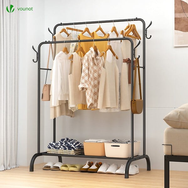 VOUNOT - Portant a Vetements Double avec etagere Chaussures 4 Crochets Lateraux 110x58x150cm metal Noir - large