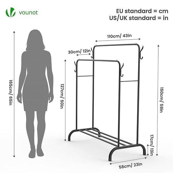 VOUNOT - Portant a Vetements Double avec etagere Chaussures 4 Crochets Lateraux 110x58x150cm metal Noir - large