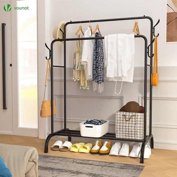 VOUNOT - Portant a Vetements Double avec etagere Chaussures 4 Crochets Lateraux 110x58x150cm metal Noir - large