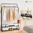 VOUNOT - Portant a vetement double avec 2 niveaux etageres chaussures 4 Crochets Lateraux 110x35x146cm metal Noir - vignette