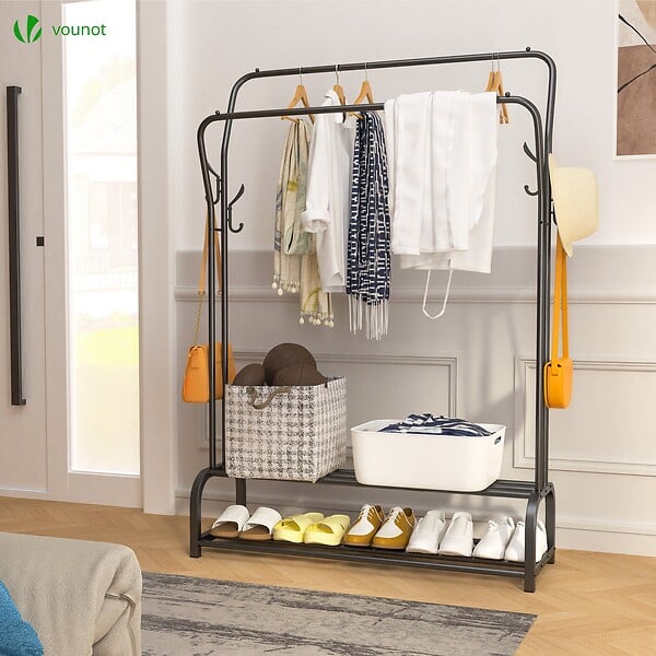 VOUNOT - Portant a vetement double avec 2 niveaux etageres chaussures 4 Crochets Lateraux 110x35x146cm metal Noir - large