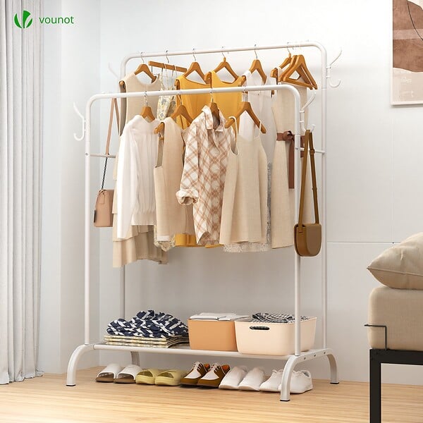 VOUNOT - Portant a Vetements Double avec etagere Chaussures 4 Crochets Lateraux 110x58x150cm metal Blanc - large