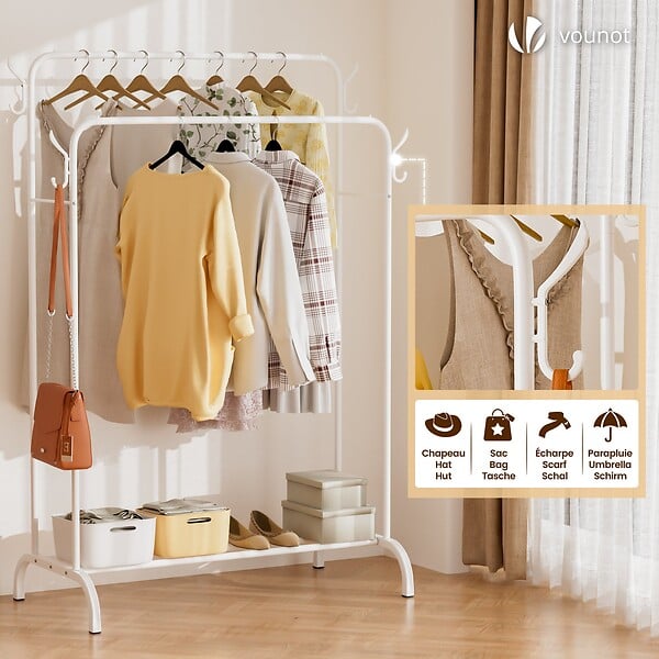 VOUNOT - Portant a Vetements Double avec etagere Chaussures 4 Crochets Lateraux 110x58x150cm metal Blanc - large