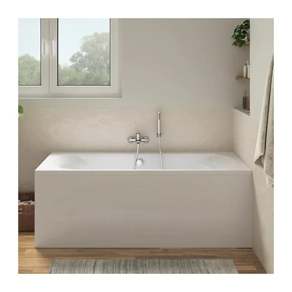 JACOB DELAFON - Pack baignoire 170 x 75 Elise + tablier angle + mitigeur bain douche mural Aimé chromé + pare bain chromé + vidage - large