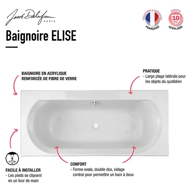 JACOB DELAFON - Pack baignoire 170 x 75 Elise + tablier angle + mitigeur bain douche mural Aimé chromé + pare bain chromé + vidage - large