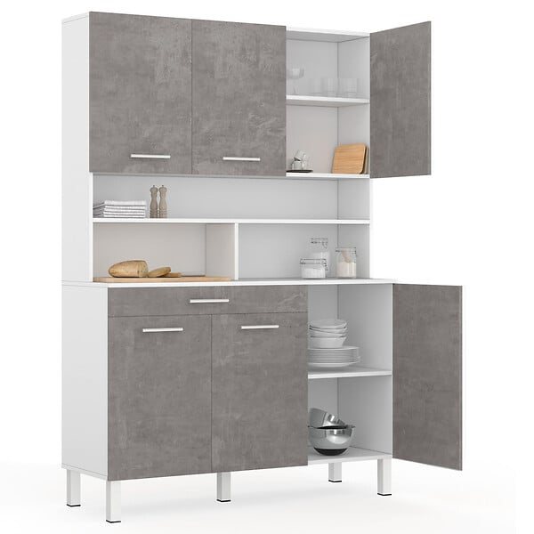 ID MARKET - Buffet de cuisine 120 CM CINA 6 portes + tiroir blanc et effet béton - large