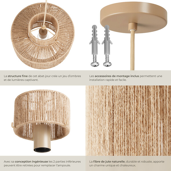 TECTAKE - Suspension ALLEGRA en jute au style bohème 40W marron naturel - large