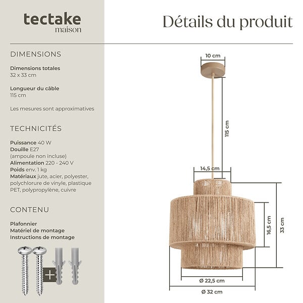 TECTAKE - Suspension ALLEGRA en jute au style bohème 40W marron naturel - large