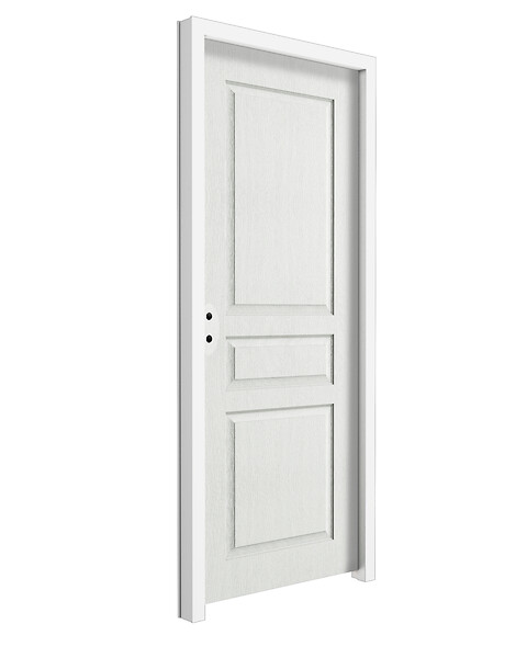 BALLAY - Bloc Porte 2040x830mm 3 panneaux traverse droite, veines bois, âme alvéolaire poussant droit, prépeint / Huisserie 73x54mm prépeinte + joint confort / Serrure pêne demi-tour / PEFC - large