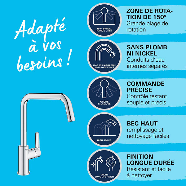 GROHE - Robinet de cuisine monocommande Start 2021 chromé + nettoyant GrohClean - large