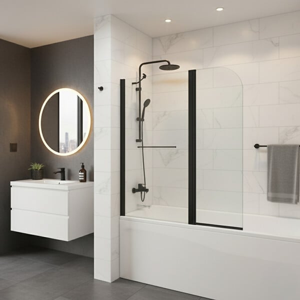 PLANETE BAIN - Pare-baignoire fixe avec volet pivotant design 120 x 140 cm aluminium noir mat verre 6 mm anticalcaire - large