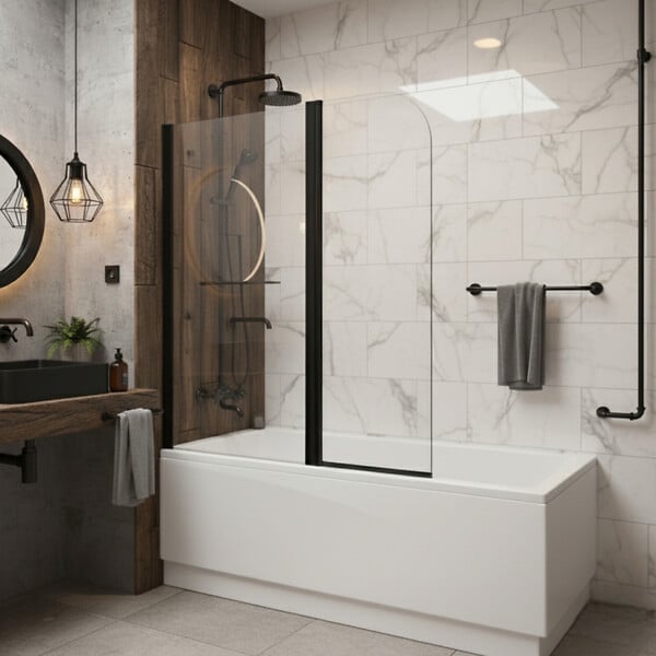 PLANETE BAIN - Pare-baignoire fixe avec volet pivotant design 120 x 140 cm aluminium noir mat verre 6 mm anticalcaire - large