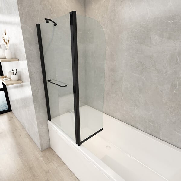 PLANETE BAIN - Pare-baignoire fixe avec volet pivotant design 120 x 140 cm aluminium noir mat verre 6 mm anticalcaire - large