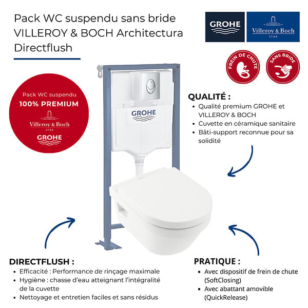 VILLEROY ET BOCH - Pack WC suspendu sans bride  Architectura Directflush+ abattant frein de chute + bâti-support Solido + plaque chromée - large