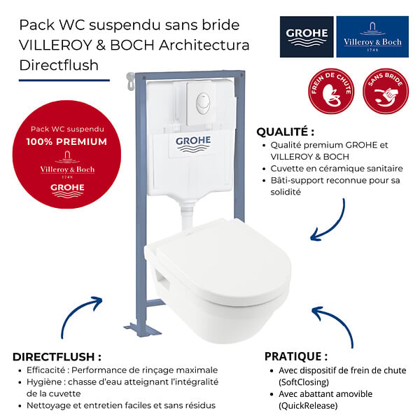 VILLEROY ET BOCH - Pack WC suspendu sans bride  Architectura + abattant + plaque blanche + bâti Grohe - large