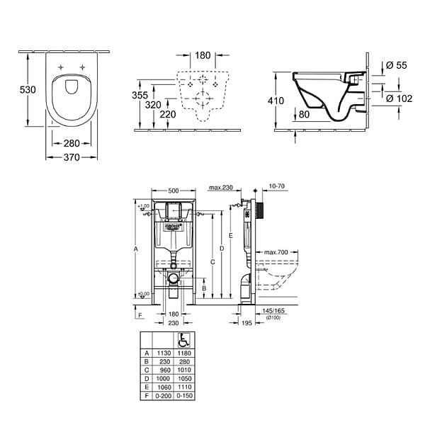 VILLEROY ET BOCH - Pack WC suspendu sans bride  Architectura + abattant + plaque blanche + bâti Grohe - large