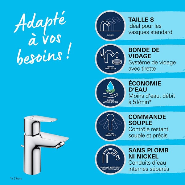 GROHE - Mitigeur lavabo Quickfix Start Edge avec tirette et vidage taille S + microfibre - large