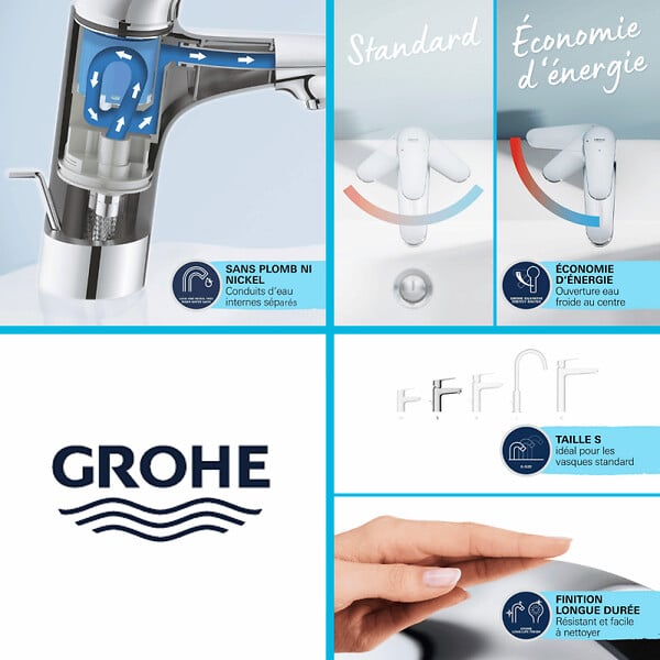 GROHE - Mitigeur lavabo Quickfix Start Edge avec tirette et vidage taille S + microfibre - large