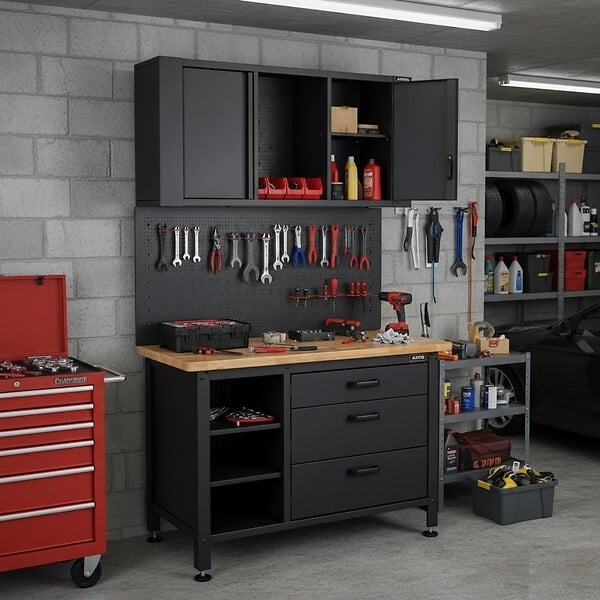 VITO - Etabli d'Atelier Garage avec Armoire de Rangement - Plan de travail Bois 2 Armoires 3 tiroirs Panneau perforé Charge 500kg VITO - large