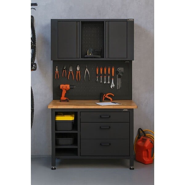 VITO - Etabli d'Atelier Garage avec Armoire de Rangement - Plan de travail Bois 2 Armoires 3 tiroirs Panneau perforé Charge 500kg VITO - large