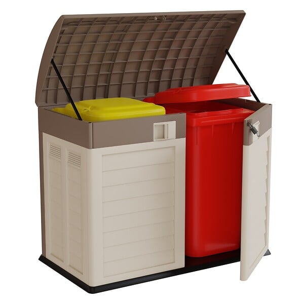 INTEC - Rangement Poubelle 1500L - Cache Poubelle de Tri Polypropylène Ecru Taupe - Coffre de jardin Verrouillable par Cadenas - large