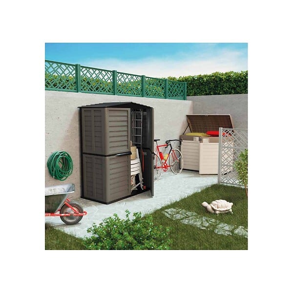 INTEC - Rangement Poubelle 1500L - Cache Poubelle de Tri Polypropylène Ecru Taupe - Coffre de jardin Verrouillable par Cadenas - large